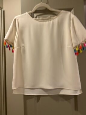 Amanda Uprichard Cream Blouse with Multicolor Tassel Trim